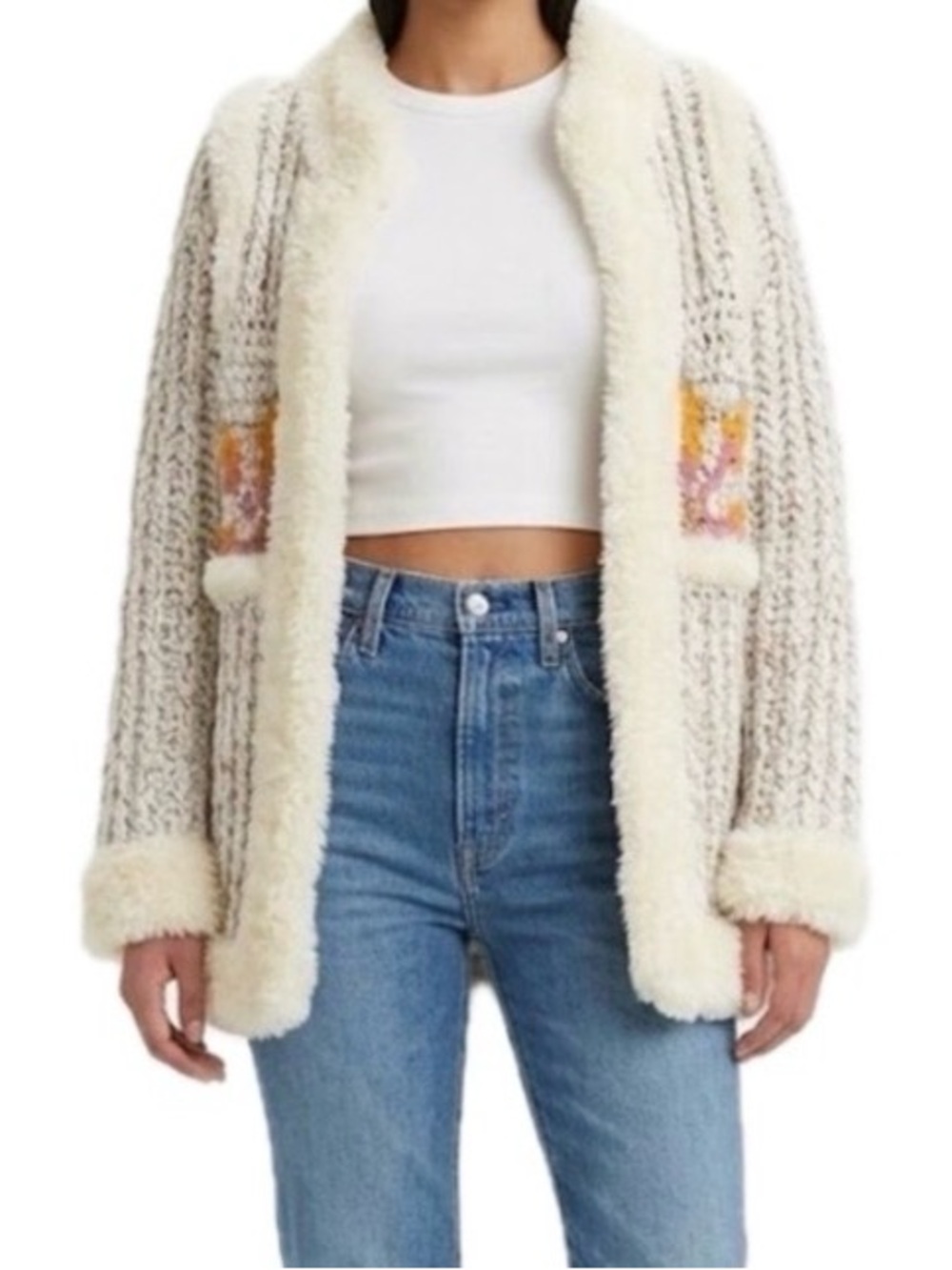 Vintage Le Sweater Cardigan Sweater Jacket Faux Fur Trim Chunky Knit Cream 80s